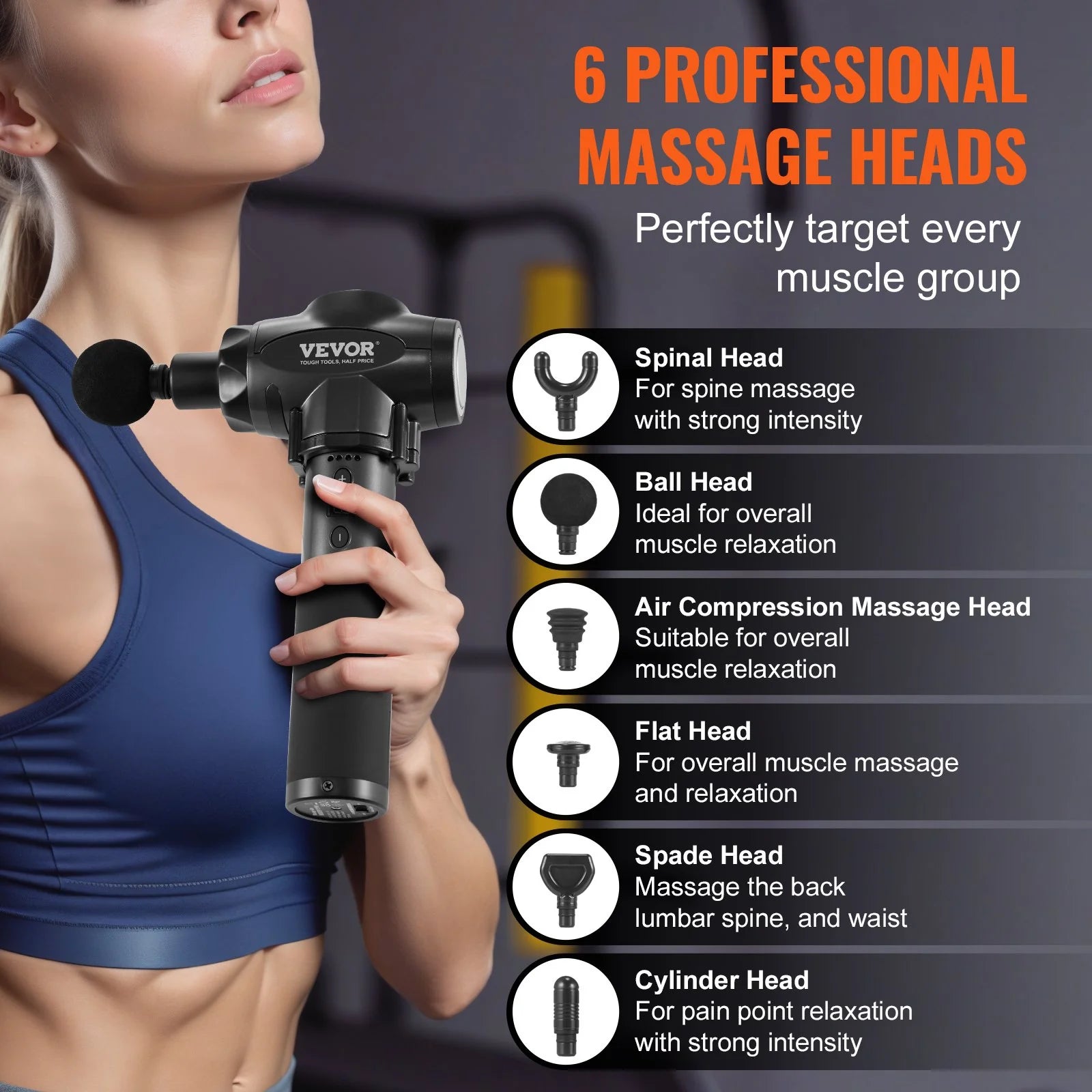 VEVOR Massage Gun Deep Tissue with 9 Speed Levels & 6 Massage Heads, 24V 2500Mah Batteries, Percussion Muscle Massager for Athletes, Handheld Electric Massage