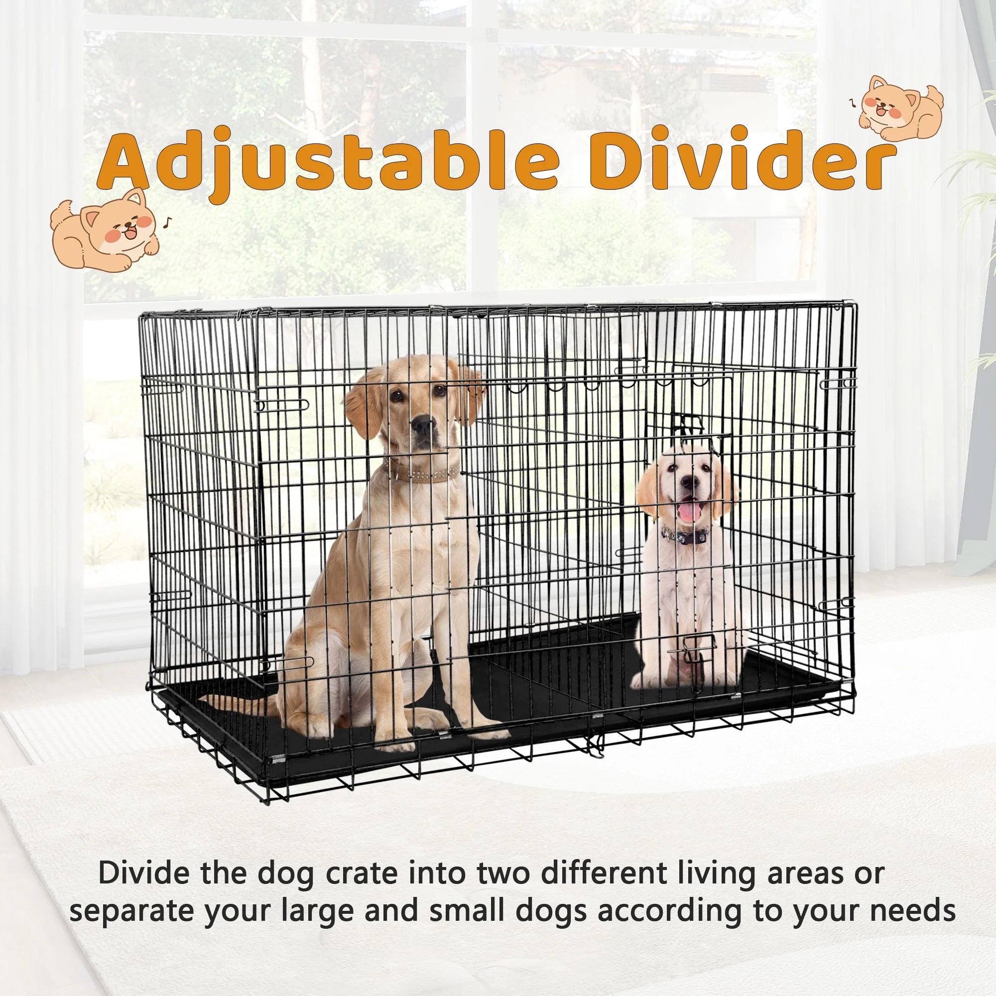 42-Inch Foldable Metal Dog Crate with Double Doors and Handle, Ideal for Large and Medium Dogs, Includes Plastic Tray, Black