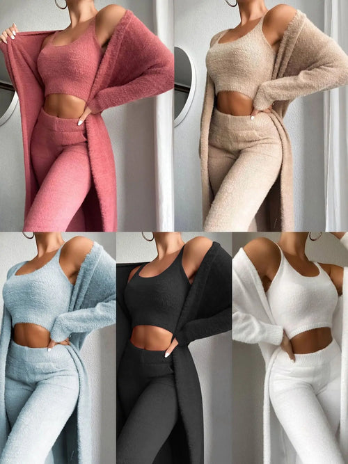 Cozy 3-Piece Fleece Pajama Set with Robe - Fall/Winter Women's Lounge Wear