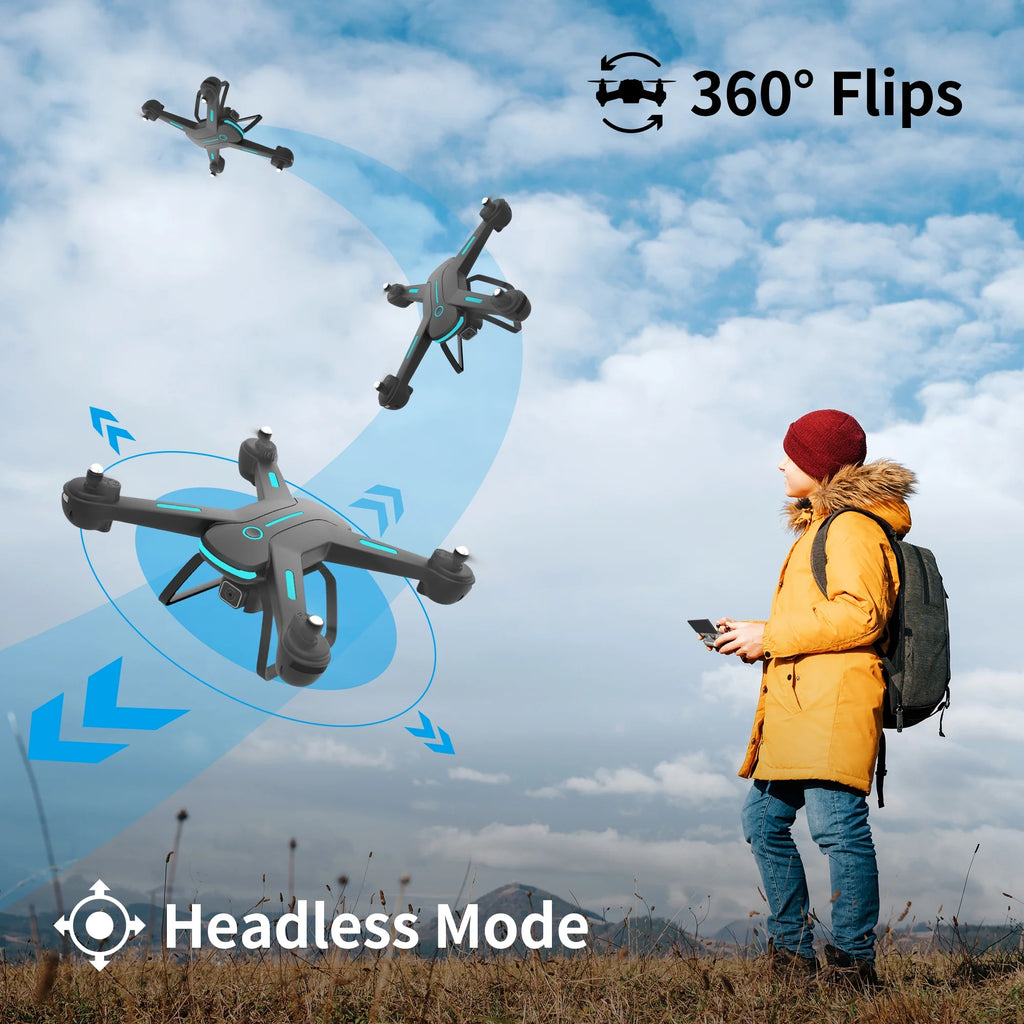 JY03 HD Camera Drone for Adults & Kids - FPV Quadcopter with LED Lights, Optical Flow Sensor & 2 Batteries - Sleek Black Design