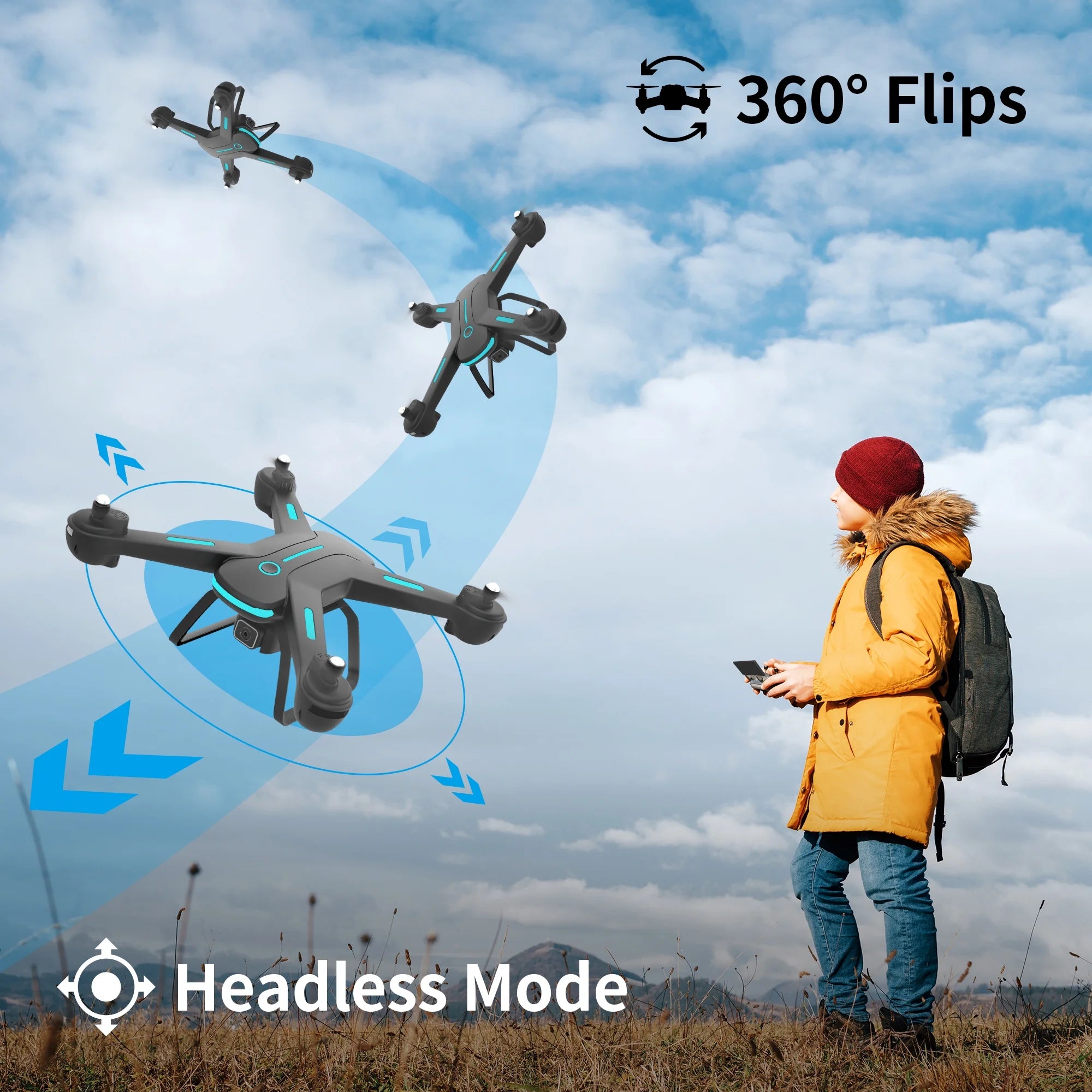 JY03 HD Camera Drone for Adults & Kids - FPV Quadcopter with LED Lights, Optical Flow Sensor & 2 Batteries - Sleek Black Design
