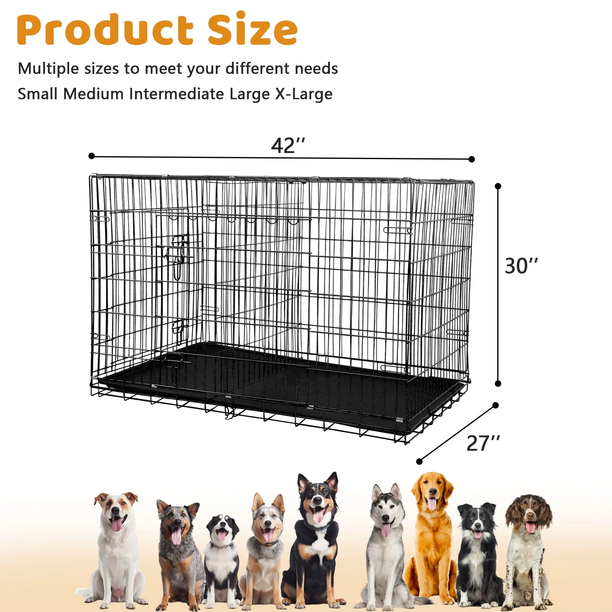42-Inch Foldable Metal Dog Crate with Double Doors and Handle, Ideal for Large and Medium Dogs, Includes Plastic Tray, Black