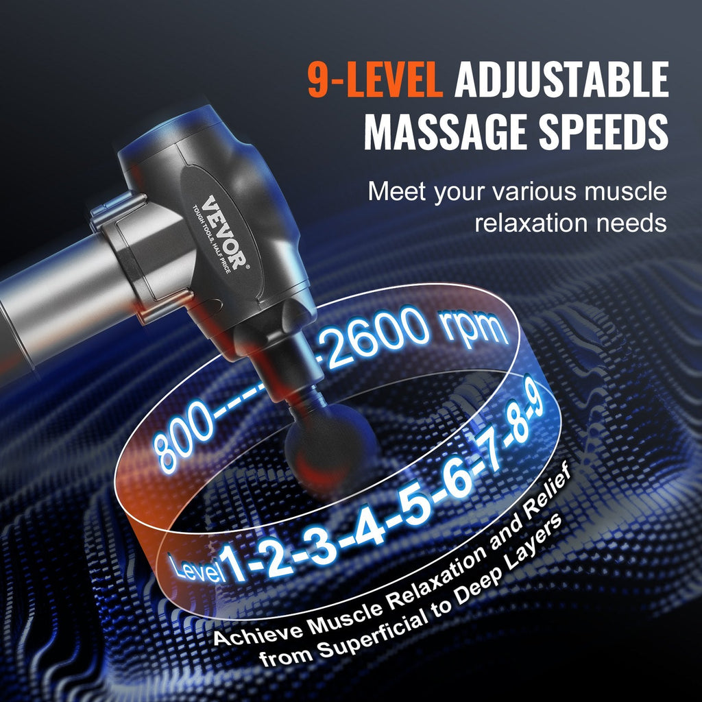 VEVOR Massage Gun Deep Tissue with 9 Speed Levels & 6 Massage Heads, 24V 2500Mah Batteries, Percussion Muscle Massager for Athletes, Handheld Electric Massage