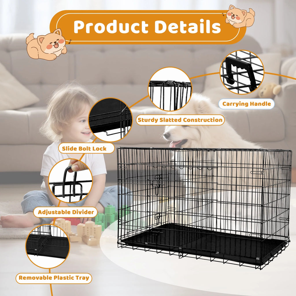 42-Inch Foldable Metal Dog Crate with Double Doors and Handle, Ideal for Large and Medium Dogs, Includes Plastic Tray, Black