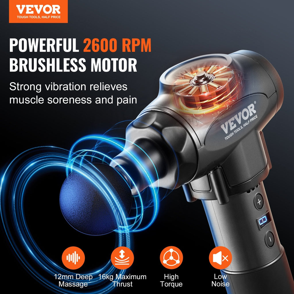 VEVOR Massage Gun Deep Tissue with 9 Speed Levels & 6 Massage Heads, 24V 2500Mah Batteries, Percussion Muscle Massager for Athletes, Handheld Electric Massage