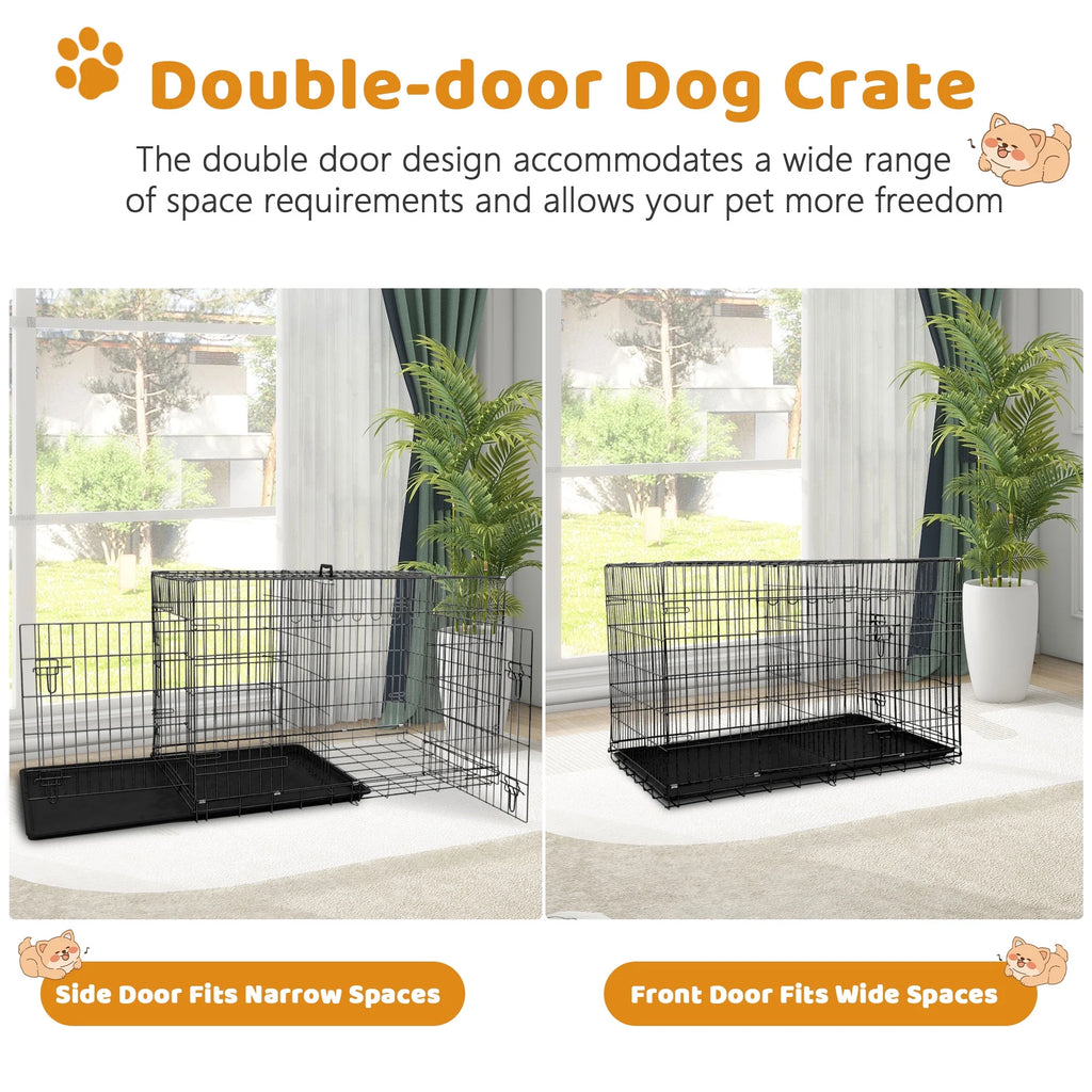 42-Inch Foldable Metal Dog Crate with Double Doors and Handle, Ideal for Large and Medium Dogs, Includes Plastic Tray, Black