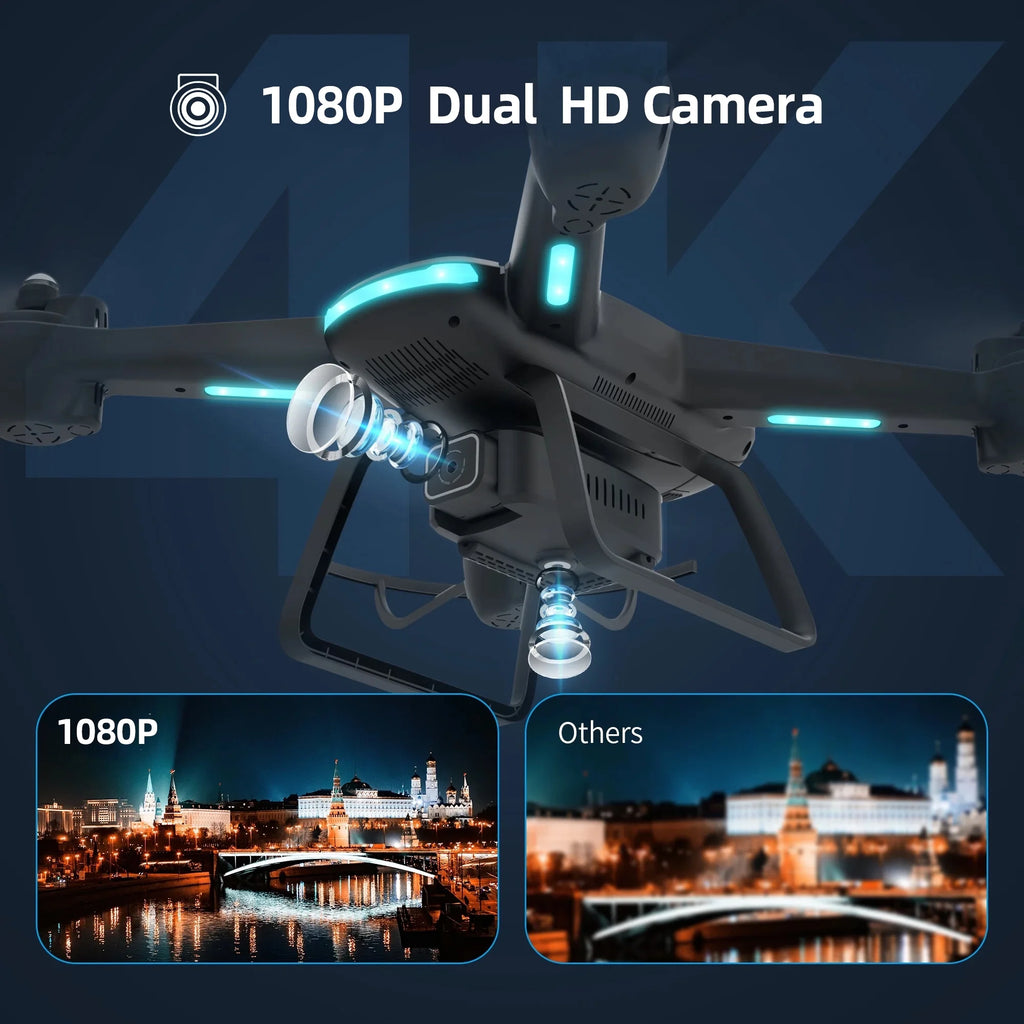 JY03 HD Camera Drone for Adults & Kids - FPV Quadcopter with LED Lights, Optical Flow Sensor & 2 Batteries - Sleek Black Design