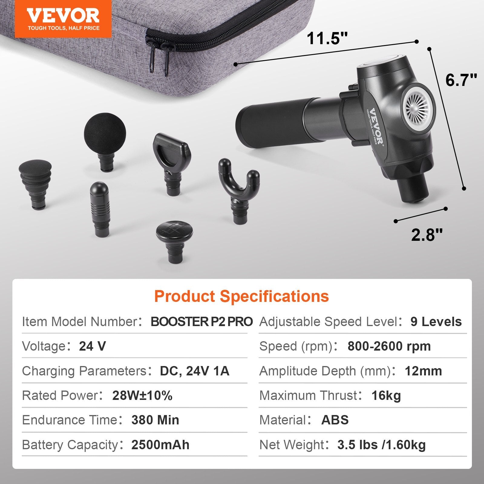 VEVOR Massage Gun Deep Tissue with 9 Speed Levels & 6 Massage Heads, 24V 2500Mah Batteries, Percussion Muscle Massager for Athletes, Handheld Electric Massage