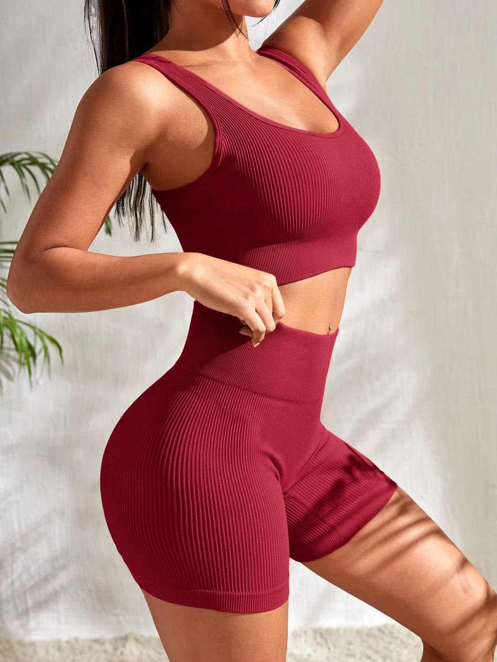 Seamless Ribbed Yoga Set for Women - 2-Piece Gym Outfit with Crop Tank and High Waist Shorts 