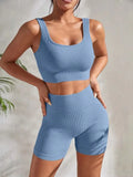 Seamless Ribbed Yoga Set for Women - 2-Piece Gym Outfit with Crop Tank and High Waist Shorts 