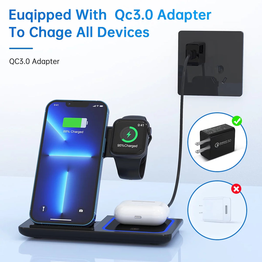 Ultimate 3-in-1 Wireless Charger Station - 18W Fast Charging for iPhone Pro Max/Plus, Compatible with Apple Watch