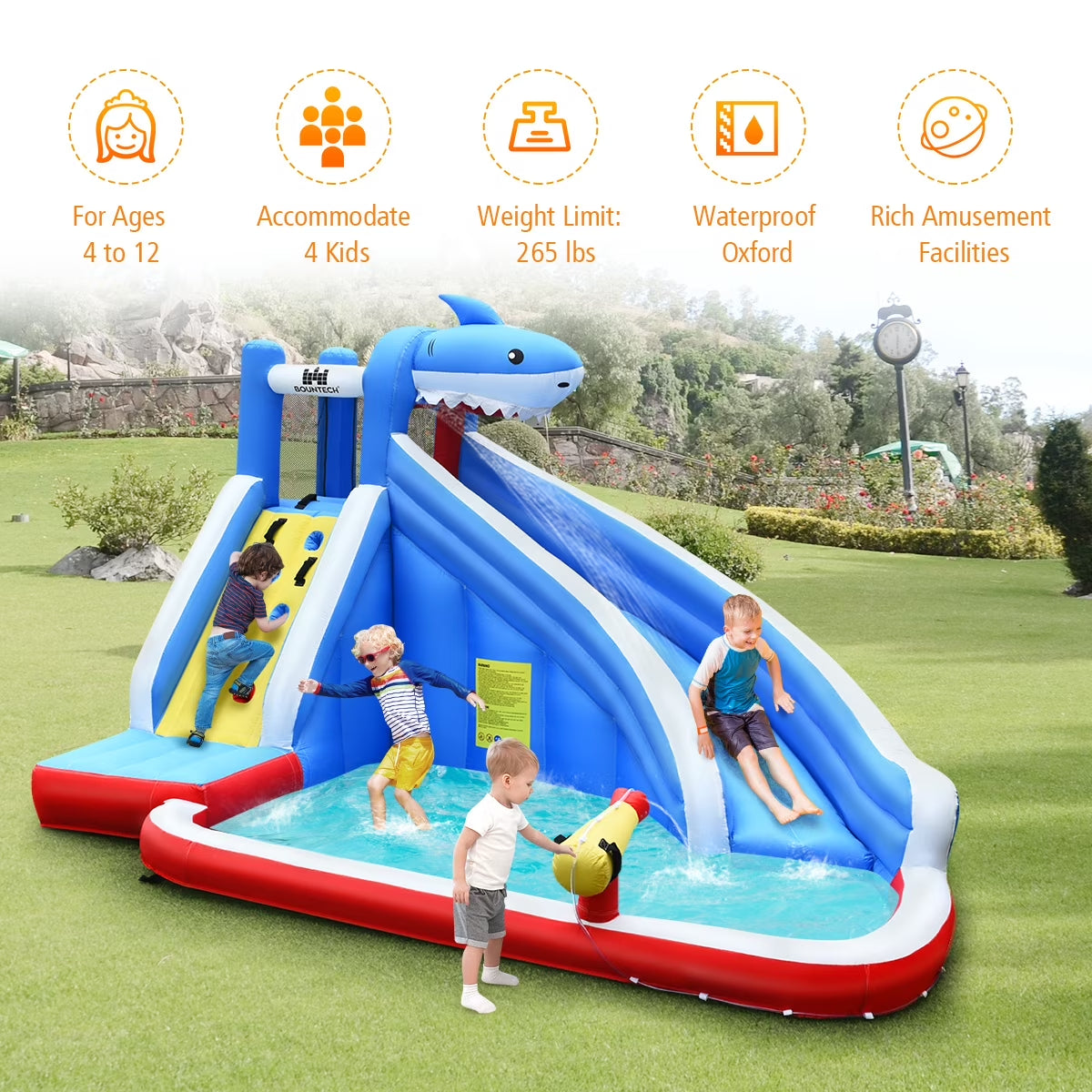 Inflatable Water Slide Shark Bounce House Castle Splash Water Pool W/750W Blower