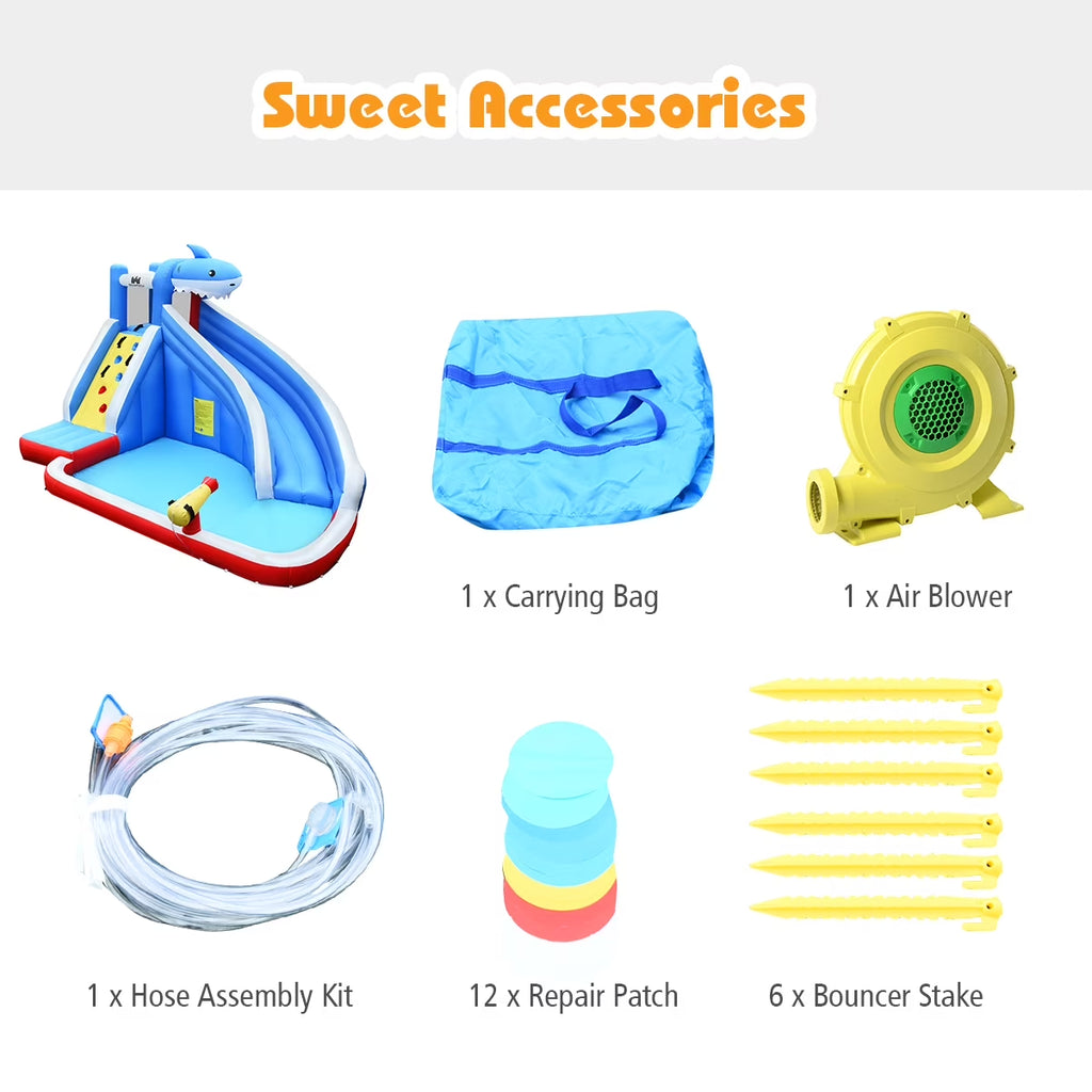 Inflatable Water Slide Shark Bounce House Castle Splash Water Pool W/750W Blower
