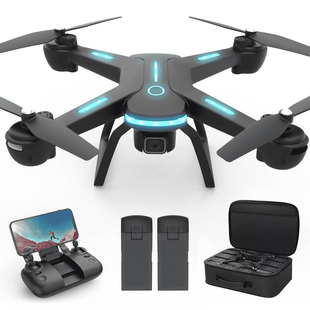 JY03 HD Camera Drone for Adults & Kids - FPV Quadcopter with LED Lights, Optical Flow Sensor & 2 Batteries - Sleek Black Design