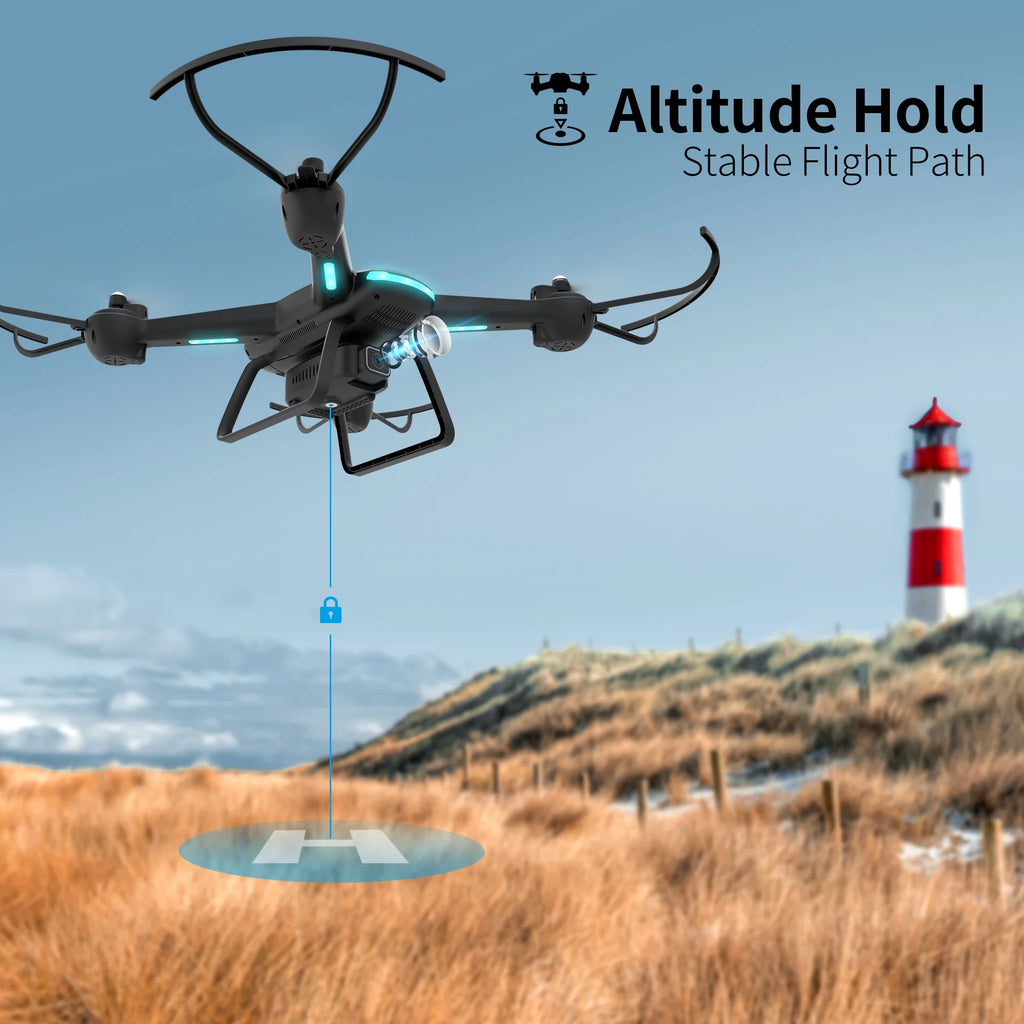 JY03 HD Camera Drone for Adults & Kids - FPV Quadcopter with LED Lights, Optical Flow Sensor & 2 Batteries - Sleek Black Design