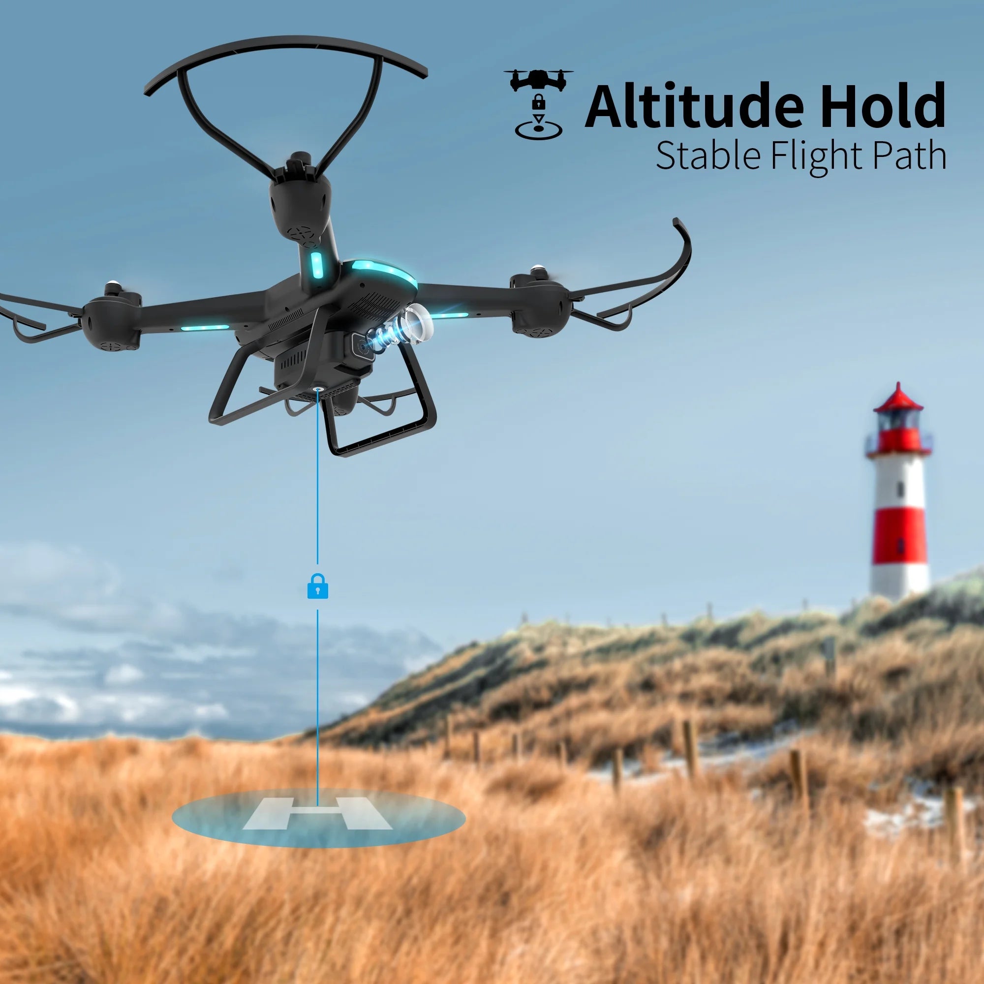 JY03 HD Camera Drone for Adults & Kids - FPV Quadcopter with LED Lights, Optical Flow Sensor & 2 Batteries - Sleek Black Design