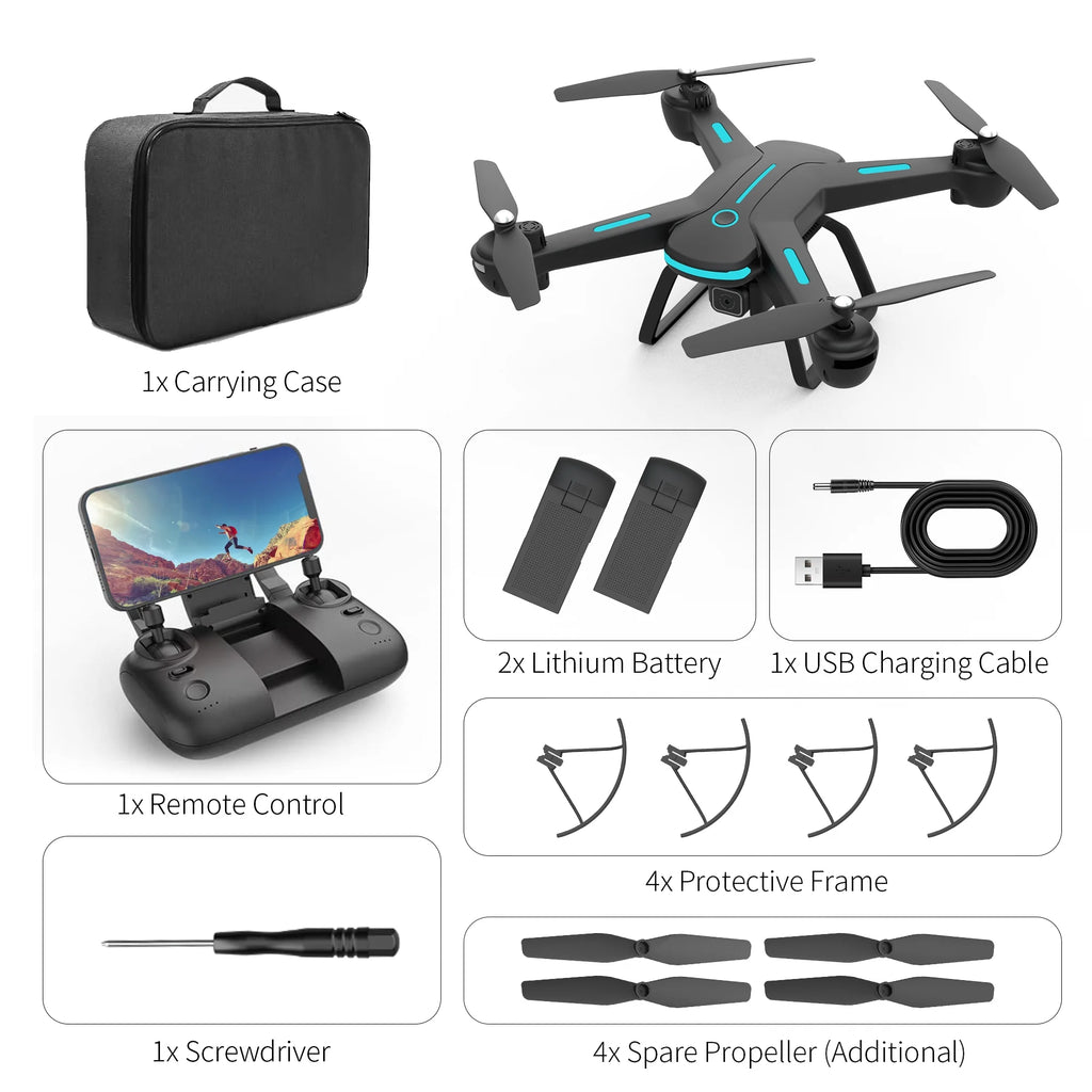 JY03 HD Camera Drone for Adults & Kids - FPV Quadcopter with LED Lights, Optical Flow Sensor & 2 Batteries - Sleek Black Design