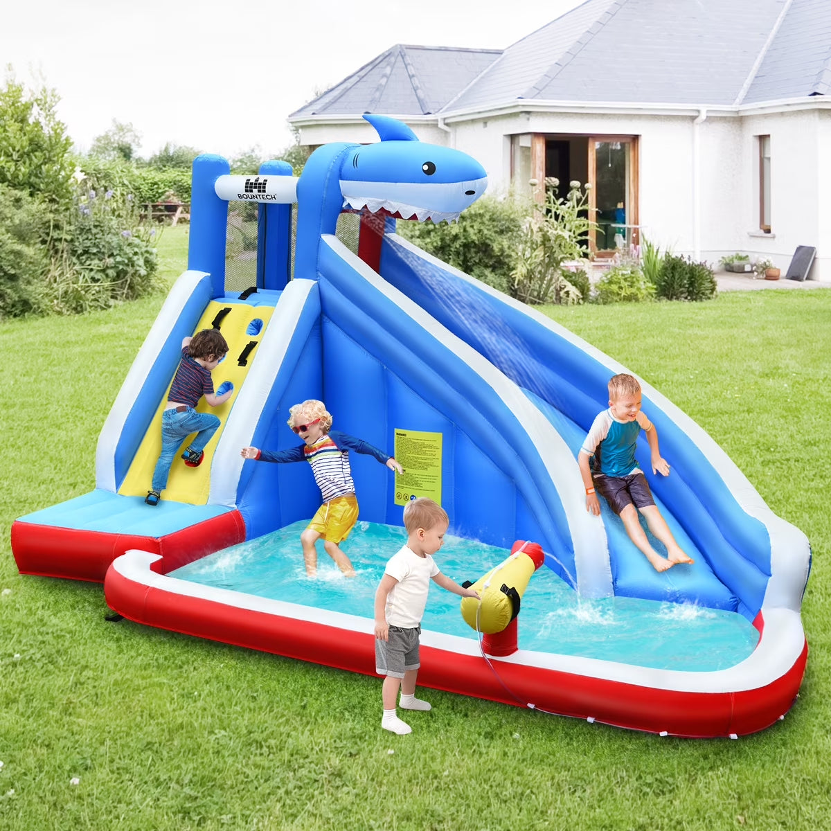 Inflatable Water Slide Shark Bounce House Castle Splash Water Pool W/750W Blower