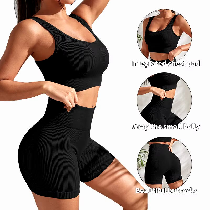 Seamless Ribbed Yoga Set for Women - 2-Piece Gym Outfit with Crop Tank and High Waist Shorts 