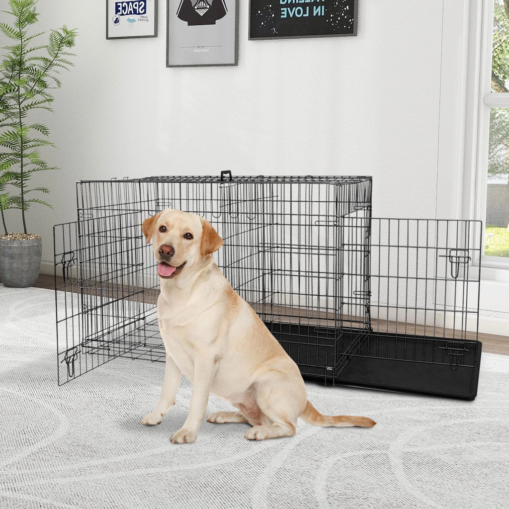 42-Inch Foldable Metal Dog Crate with Double Doors and Handle, Ideal for Large and Medium Dogs, Includes Plastic Tray, Black