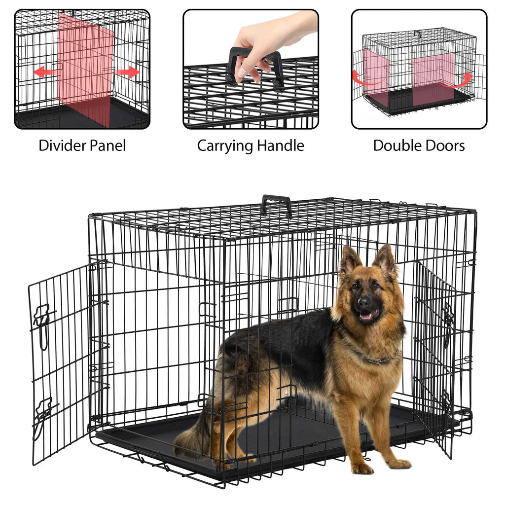 42-Inch Foldable Metal Dog Crate with Double Doors and Handle, Ideal for Large and Medium Dogs, Includes Plastic Tray, Black
